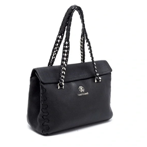 ROBERTO CAVALLI Black Leather Regina Satchel Tote